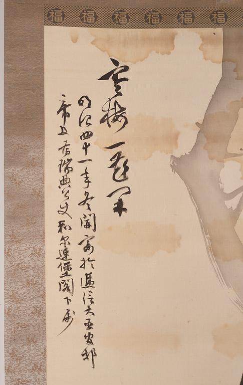 Rullmålningar, två stycken, tusch och färg på papper, Japan, tidigt 1900-tal. Samarbete mellan två konstnärer.