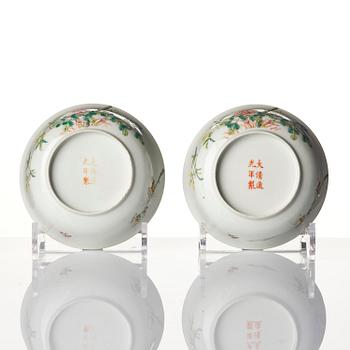 A pair of famille rose 'magnolia' bowls, late Qing dynasty.