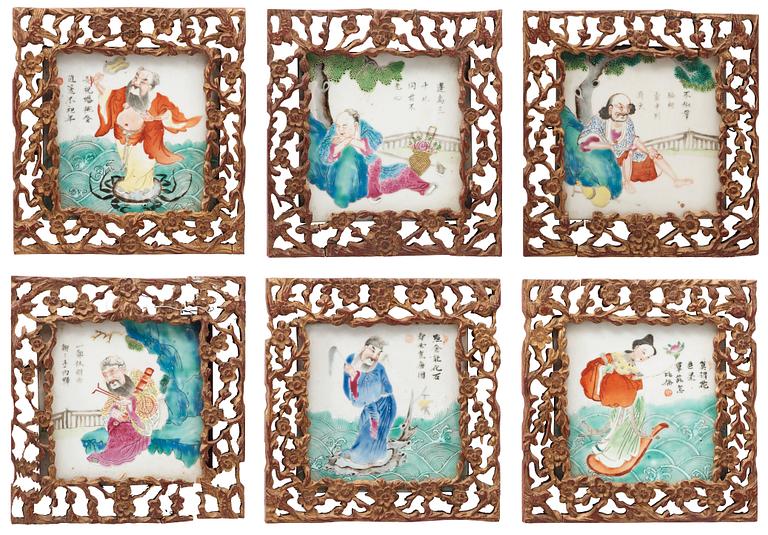 A group of six famille rose tiles, Qing dynasty, 19th Century.