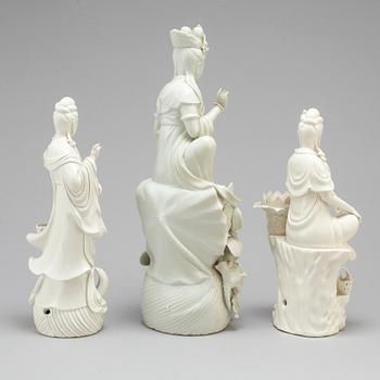 Three Chinese blanc de chine figures of Guanyin, 20th century.