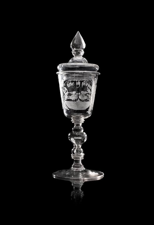 An engraved beaker and cover, Germany/Bohemia, 18th Century.