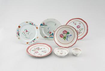 Five 18th century porcelain chinese dishes and one cup and saucer.