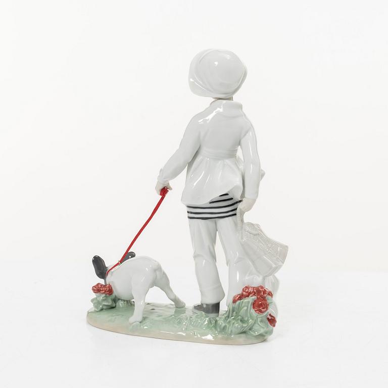 Lladró, three figurines,"Girl with French bulldog", "Girl with Dalmatians" and "Petals in the pond", Spain.