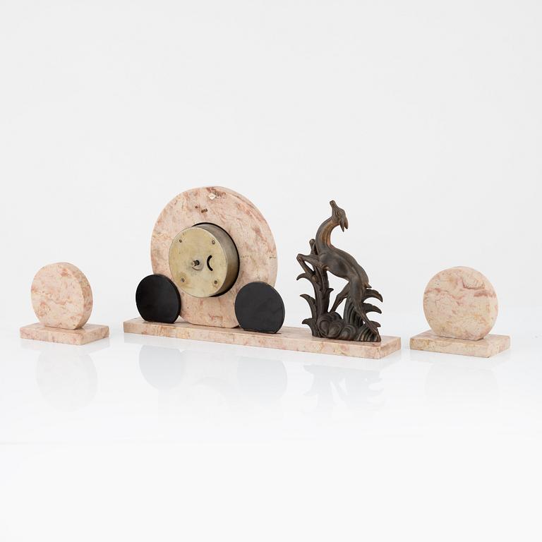 A 3-piece Art Deco mantel clock set, Ucra, France, 1930's.