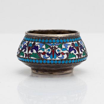 A cloisonné enamel silver gilt salt cellar,  Moscow 1895. Unclear maker's mark.