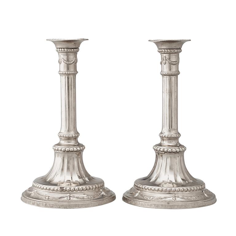A pair of Gustavian pewter candlesticks by J. Sauer, Stockholm 1791.