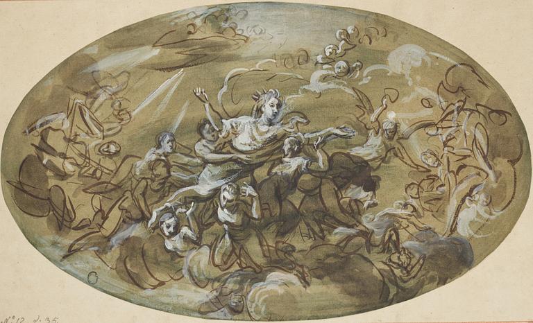 JOSEPH FRANÇOIS PARROCEL, hans krets. Oval. Osignerad. Tusch och täckvitt, bildyta 24,5 x 41 cm.