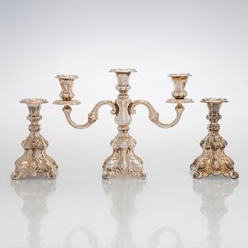A silver candelabra and a pair of silver candlestick, Kultakeskus Hämeenlinna 1962 and 1985.