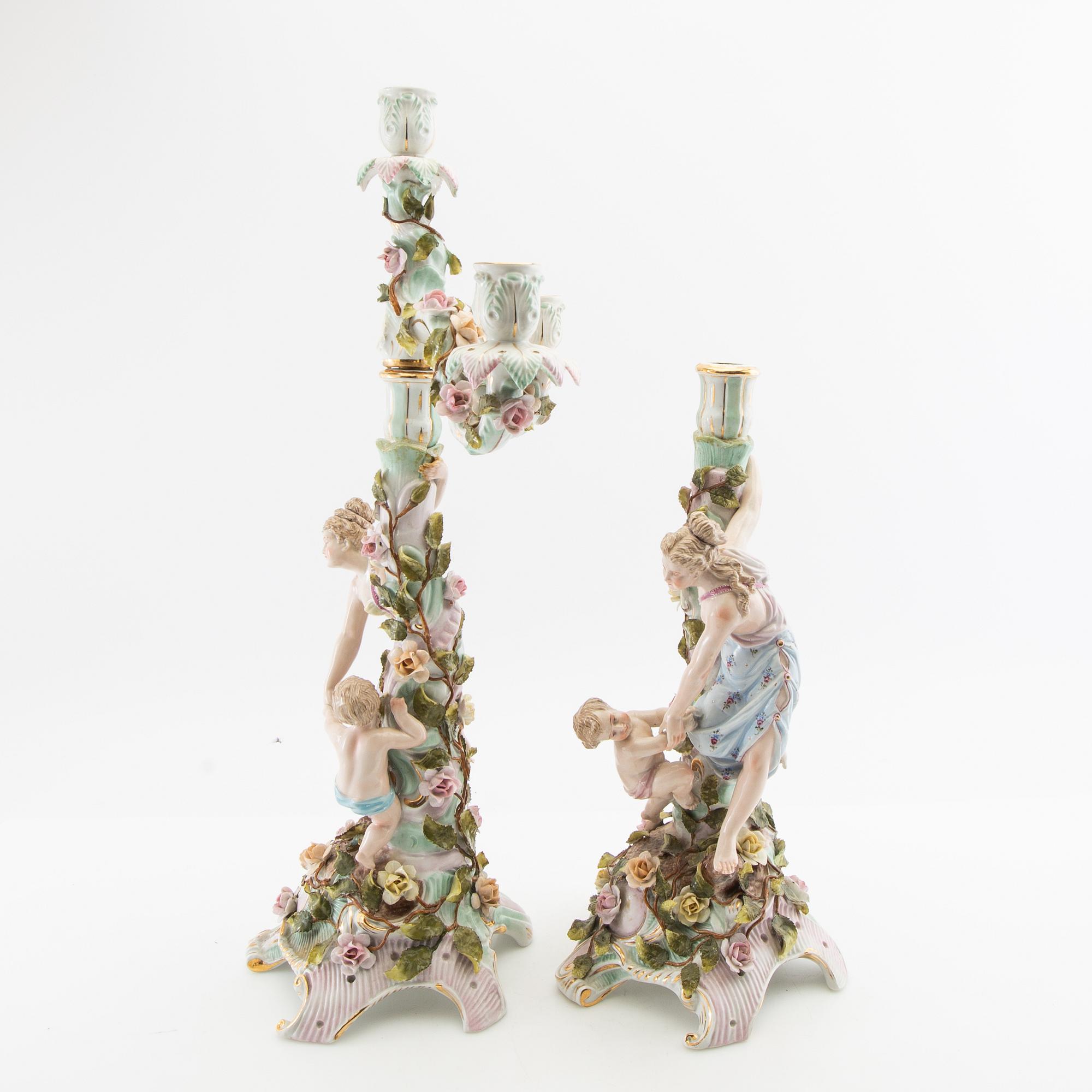 Candelabra feet a pair and candle holder Rococo style Germany mid-20th century porcelain.