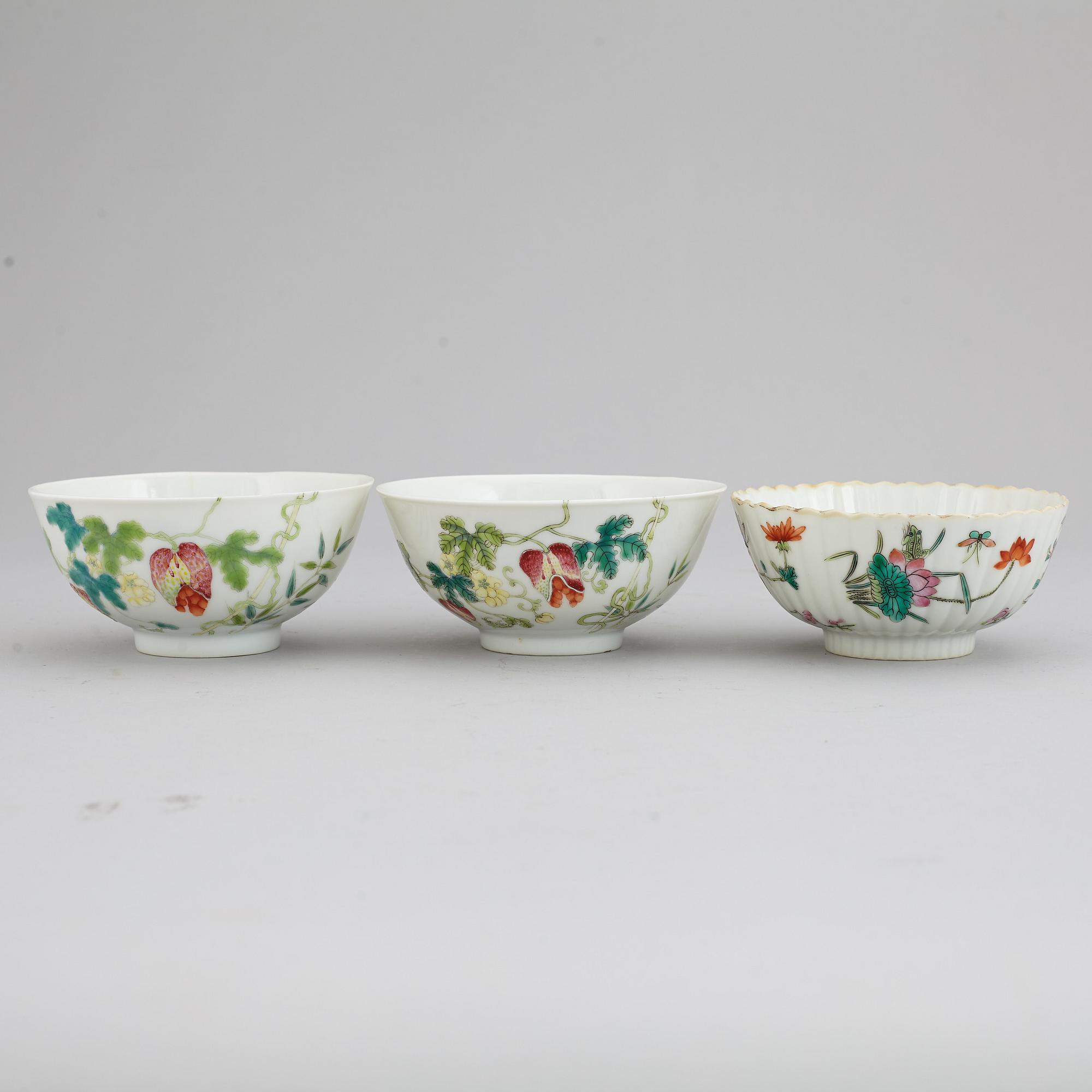 A set of three famille rose bowls, China, 20th Century.