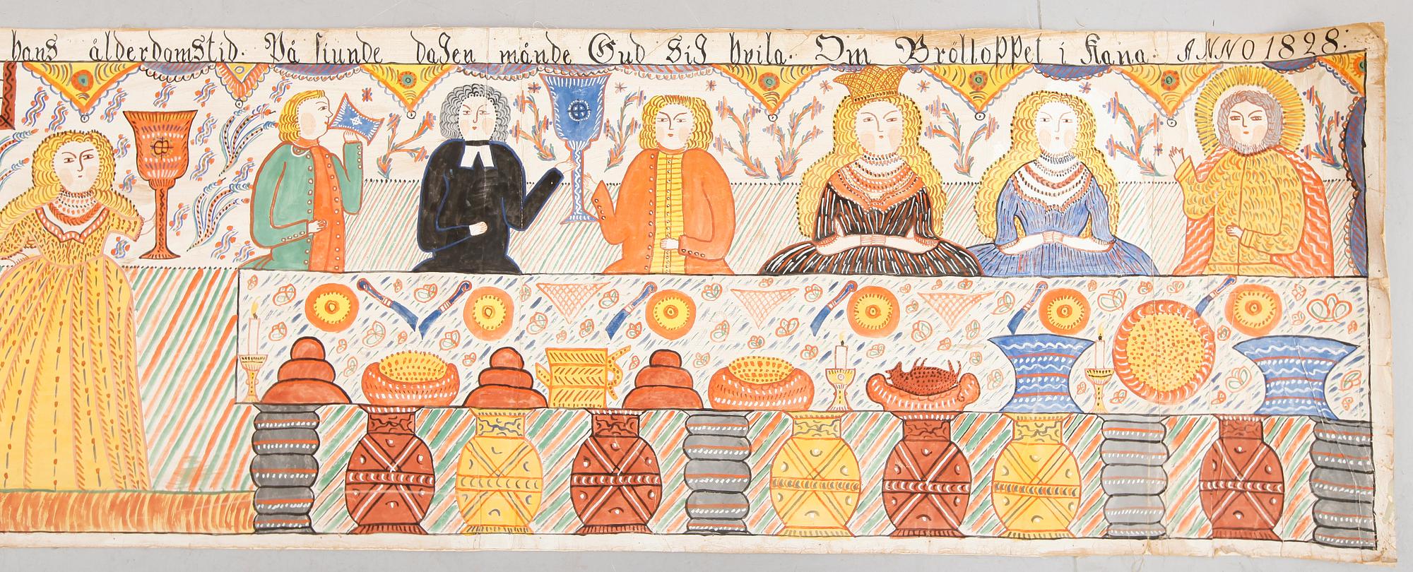 BONADSMÅLNING, papper klistrat på duk, märkt Anno 1828.