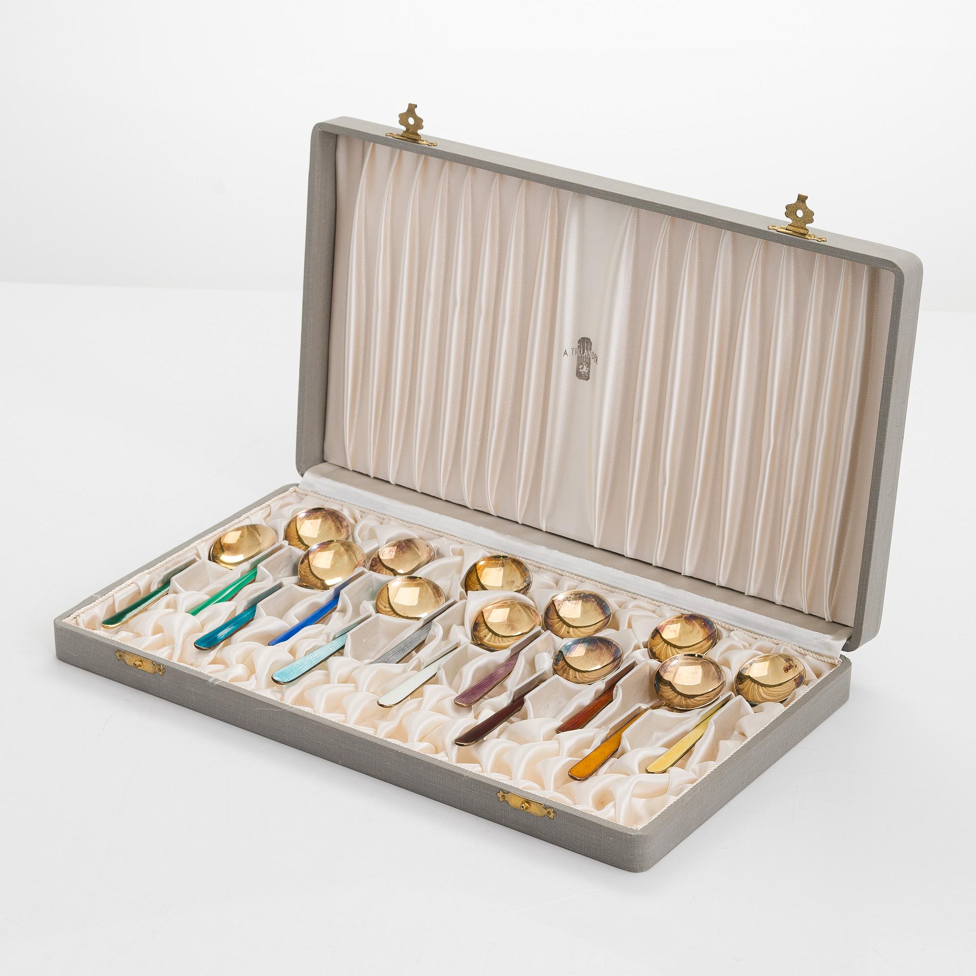 Tillander, glasskedar, 12 st, emalj, förgyllt silver, Helsingfors 1966. I originalask.