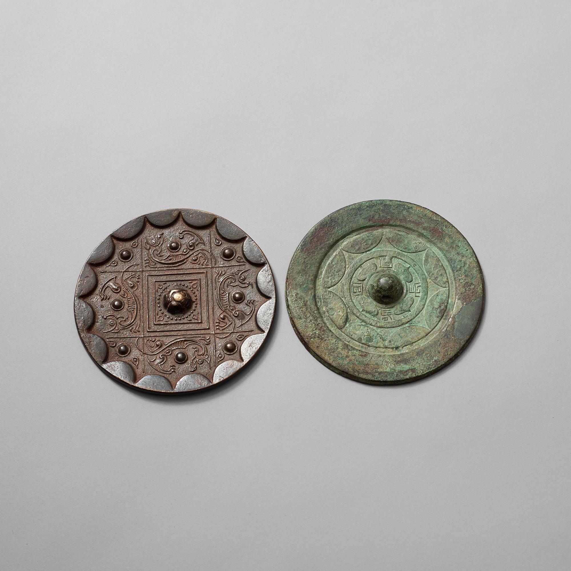 Two bronze mirrors, Han dynasty (206 BC -220 AD).