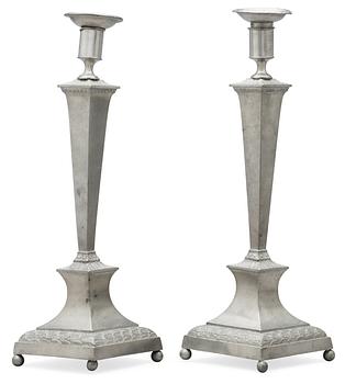 A pair of late Gustavian pewter candlesticks by M. Artedius, Norrköping 1802.