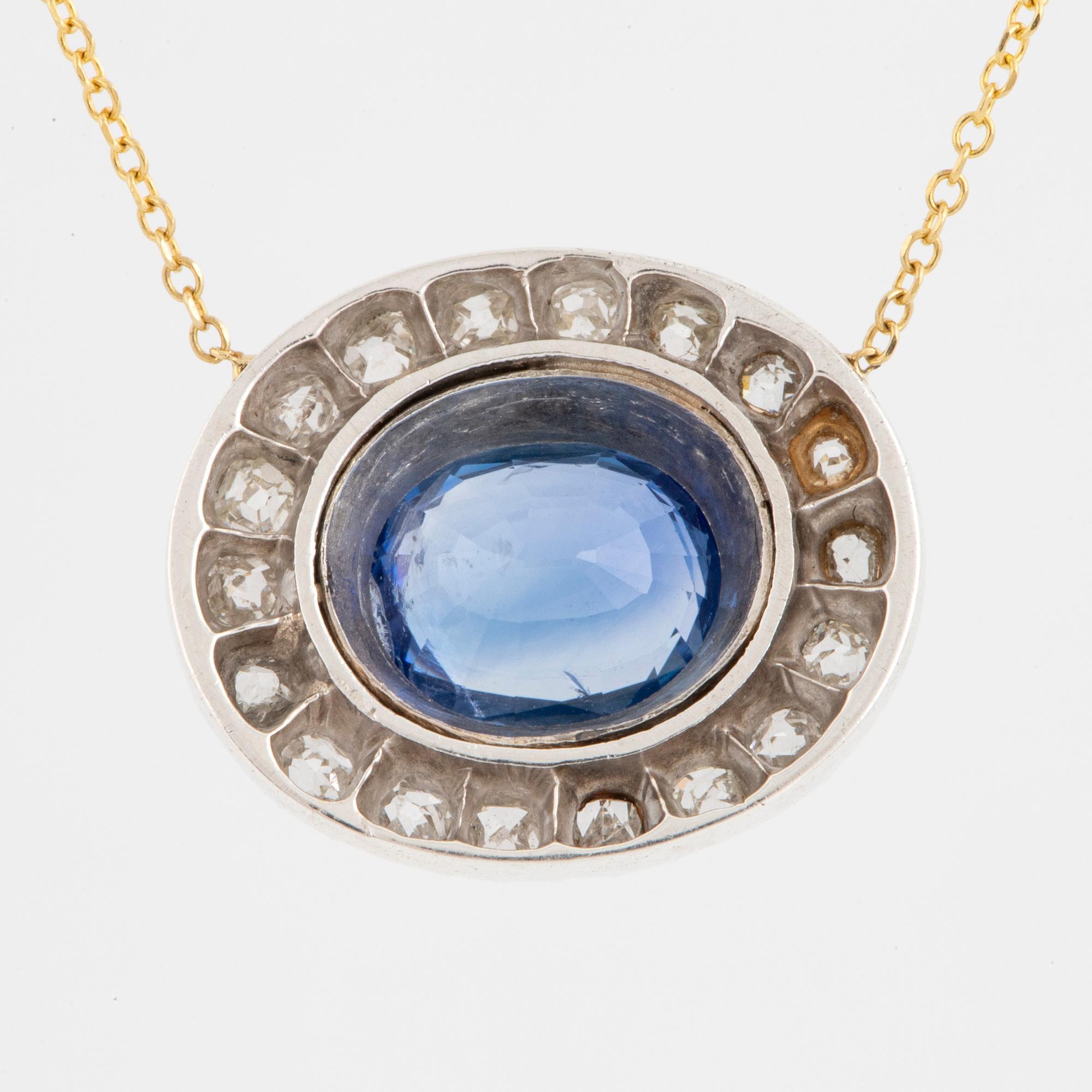 Sapphire and old-cut diamond cluster necklace, 18K gold.