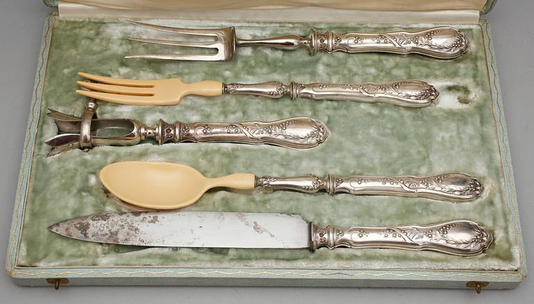 SERVERINGSBESTICK, 5 delar, nysilver, omkring 1900.