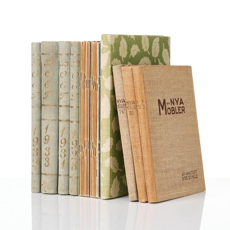Otto Schulz, "Boet" magazine, bound volumes 1928, 1931-33, loose issues + three "Nya Möbler" and the 1945 jubilee publication.