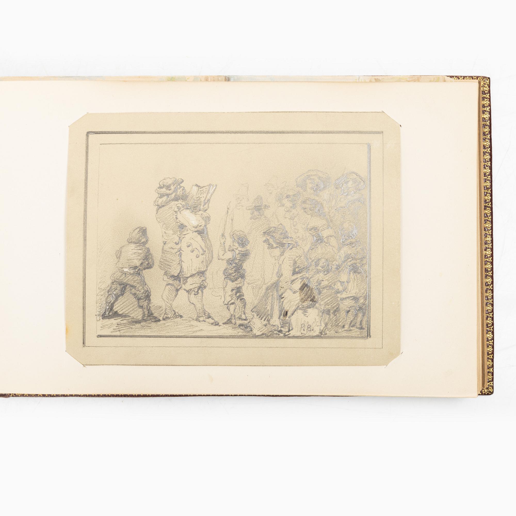 Album with among other things 16 pieces of watercolours and drawings by Swedish artists.