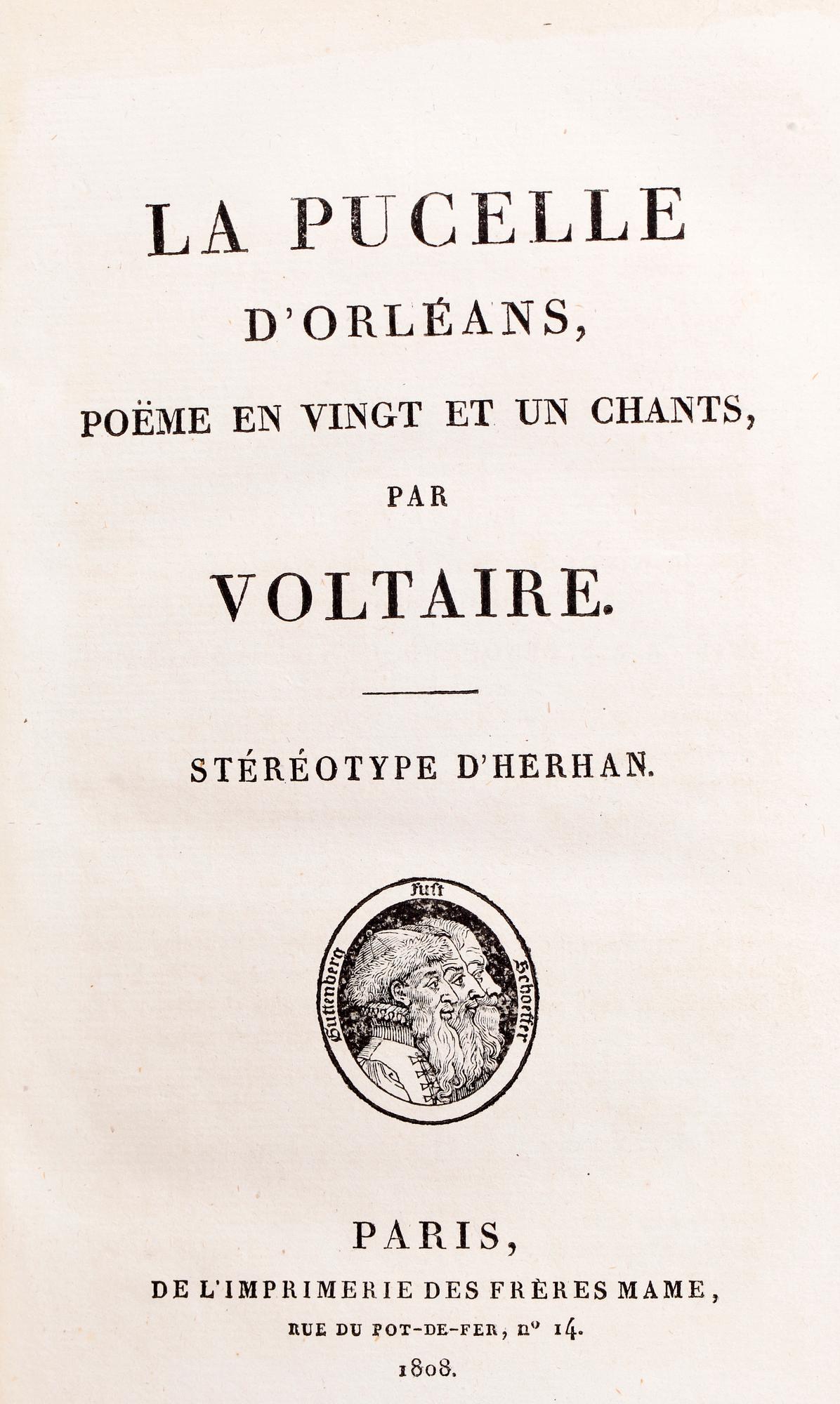 FURSTLIG BOK, "La Pucelle d´Orleans, poëme en vingt et un chants", av Francois Voltaire, Paris 1808.