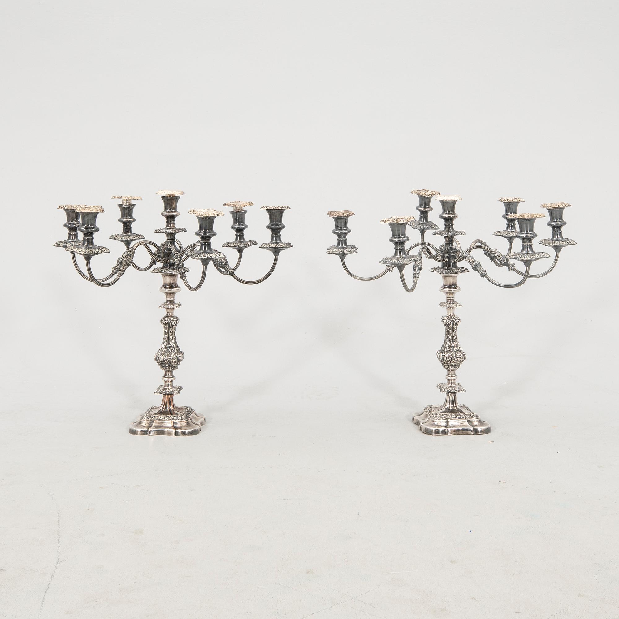 Candelabras, a pair, nickel silver, likely England circa 1900.