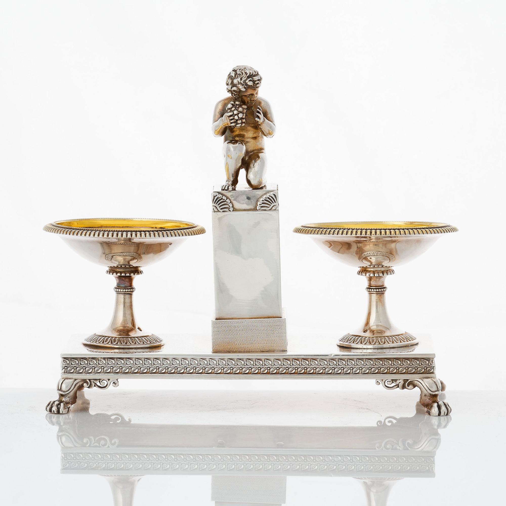 A French Empire parcel-gilt silver double salt-cellar, mark of Jean-Baptiste-Claude Odiot, Paris 1803-1809.