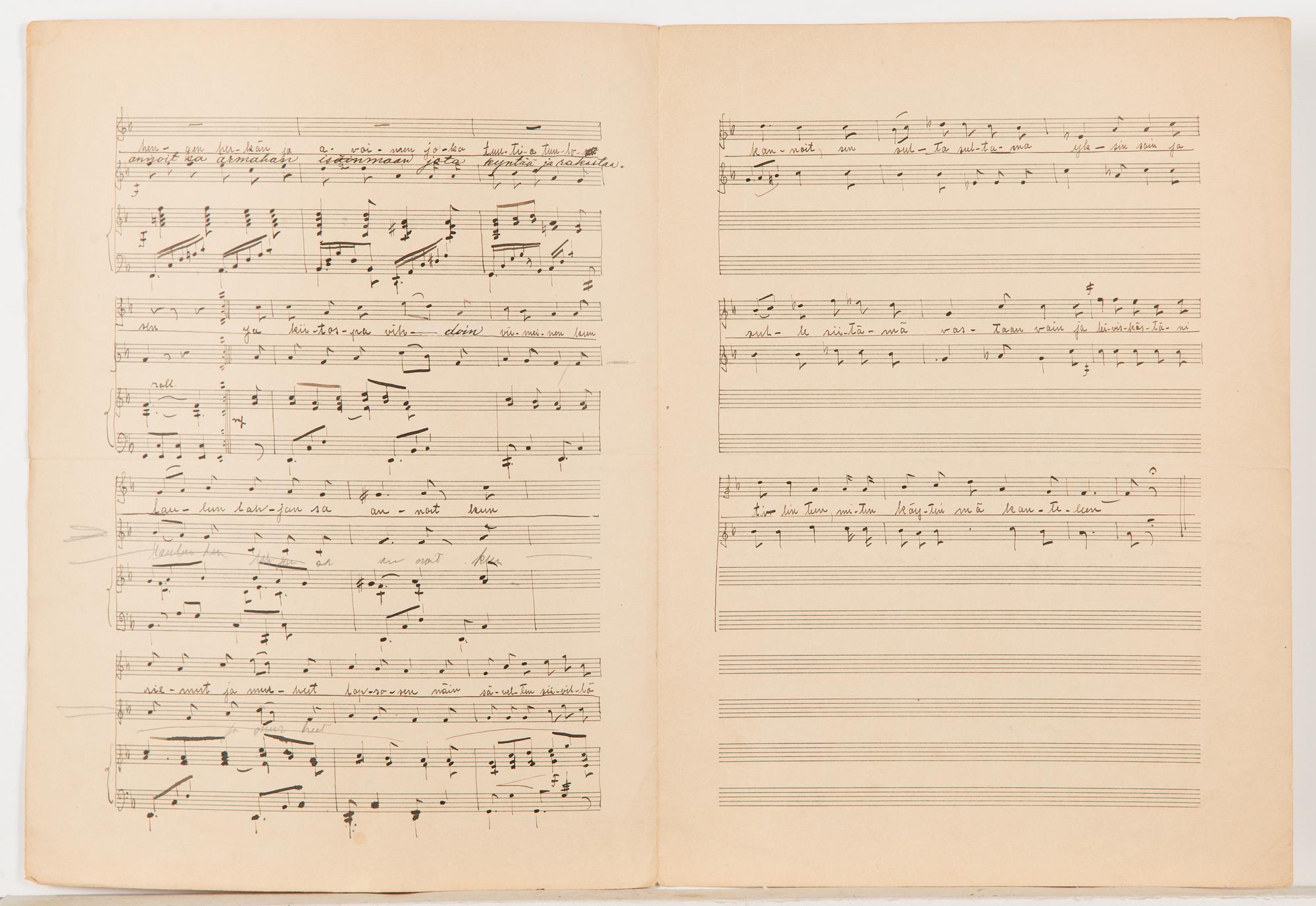 Oskar Merikanto, handwritten sheet music, Oi, kiitos sä Luojani armollinen", op. 62, no. 2 of duets, 3 pages, 1906.