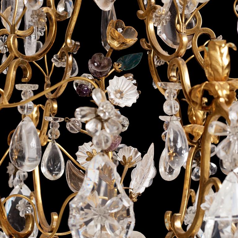 A French Louis XV-style six-branch gilt-bronze, rock crystal and amethyst chandelier, 19th century.