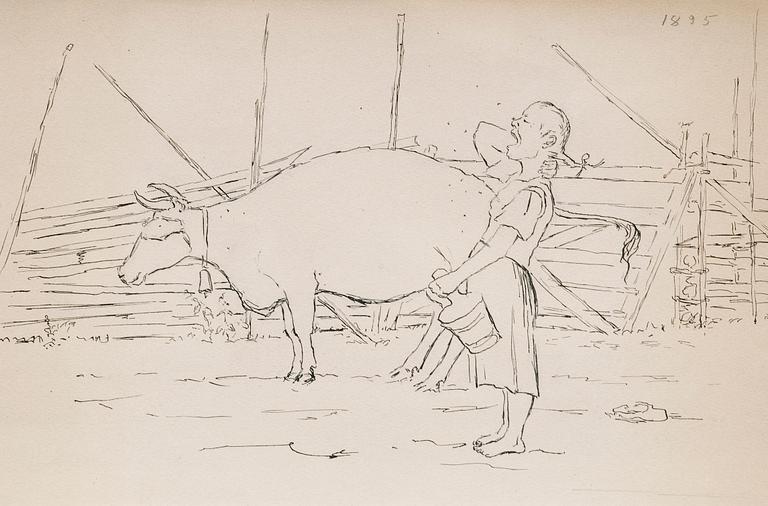 Hugo Simberg, MILKING THE COW IN THE MORNING.