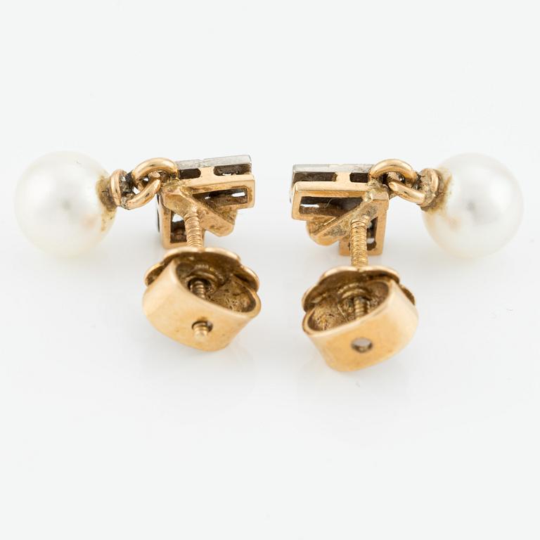 Earrings, a pair, gold with pearls and small rose-cut diamonds.