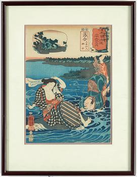 UTAGAWA KUNIYOSHI (1797/98-1861), färgträsnitt Japan, från serien "Sixty-nine stations of Kisokaido Road".