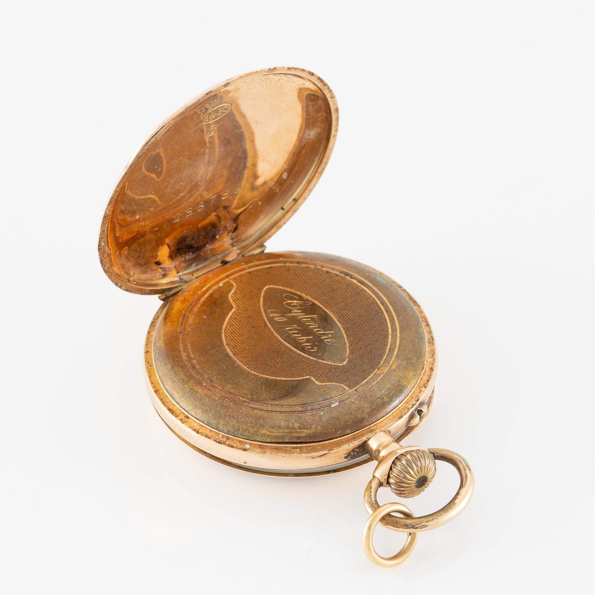 Pocket watch, 14K gold with chain, 32 mm.