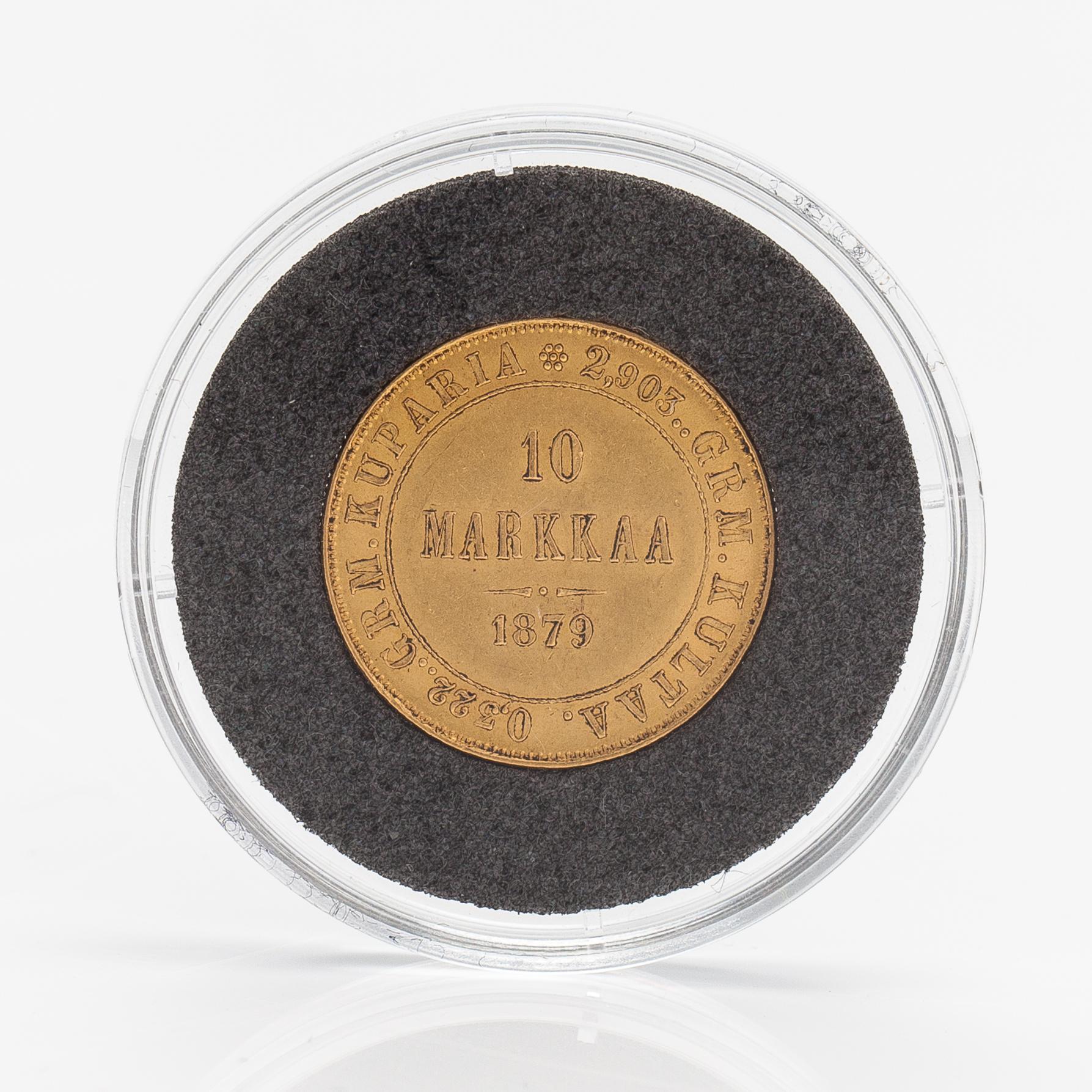 A gold coin, 10 marks, Finland 1879.