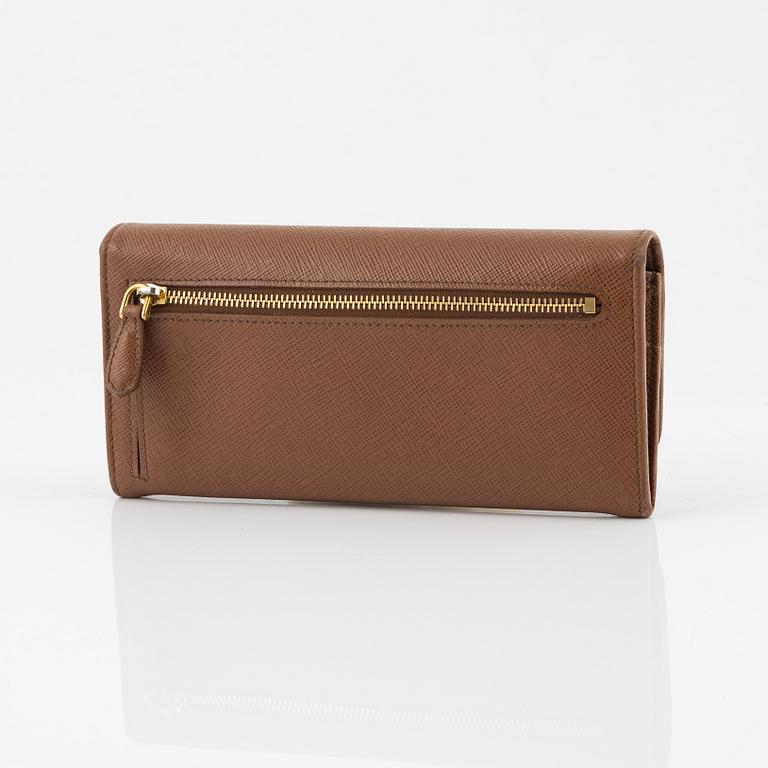 Prada, a brown saffiano wallet.