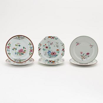 A group of six (2+2+2) famille rose plates, Qing dynasty, Qianlong (1736-95).