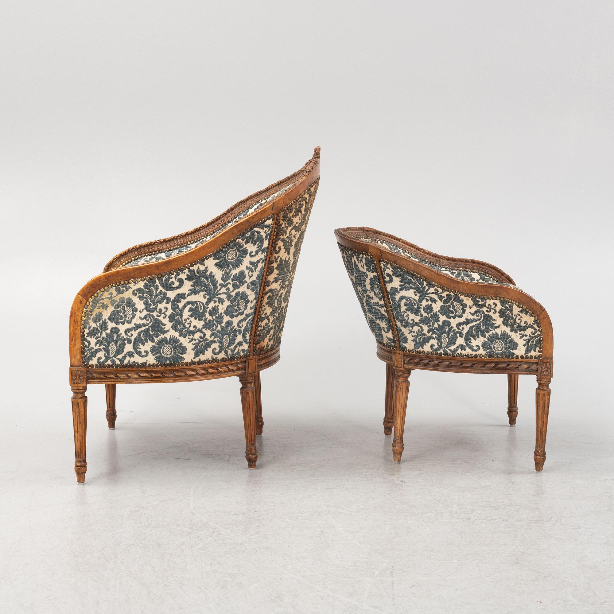 A pair of Louis XVI-style bergères, late 19th Century.