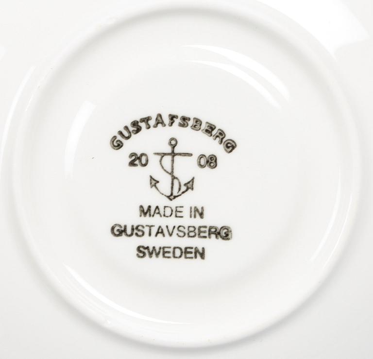 KAFFEKOPPAR med FAT, 6 st, benporslin, "Spisa Ribb", Stig Lindberg, Gustavsberg, 2000-tal.