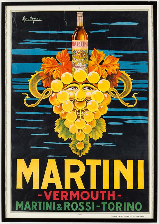 JAN MARCO, litografisk affisch, Martini Vermouth, Tipografia Teatrale Torinese, Turin, Italien, 1950-tal.