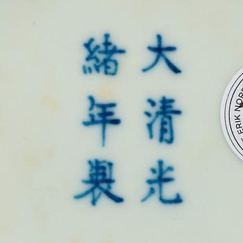 A pair of blue and white lotus dishes, Qing dynasty, Guangxu (1874-1908) marks and of period.