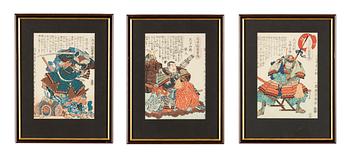 Utagawa Yoshiiku, a set of three woodblock prints in colours, later part of the 19th Century.