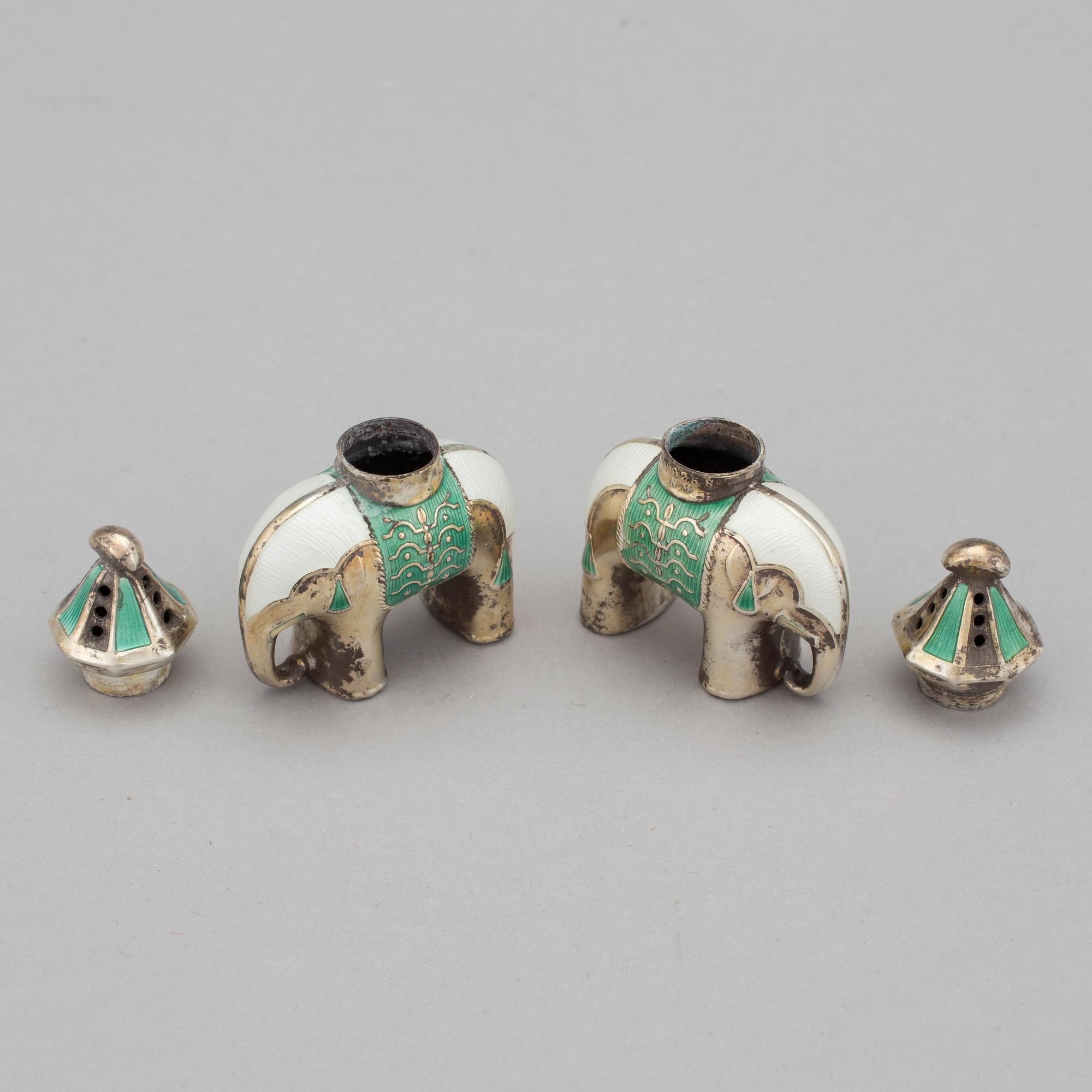 SALTCELLAR, a couple, silver, enamel, J Tostrup , Oslo, 1900s.