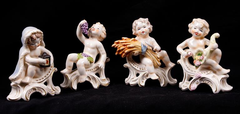 FIGURINER, 4 st, porslin, rokokostil, Goebel, Västtyskland, 1900-talets andra hälft.