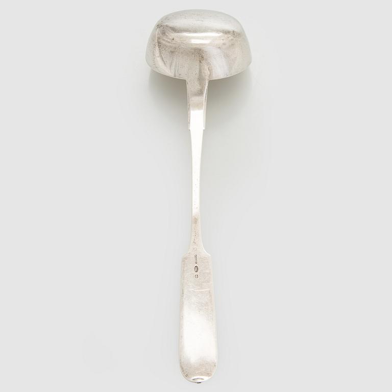 A silver soup ladle, Egor Pankratev, for C. P. Burg, St. Petersburg 1908-26.