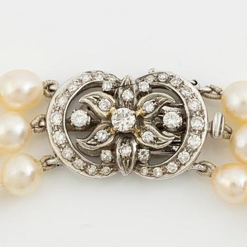 Necklace of cultured pearls, clasped in 18K gold with round brilliant-cut and eight-cut diamonds.