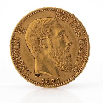 Guldmynt, Belgien, Leopold II, 20 Franc, 1870.