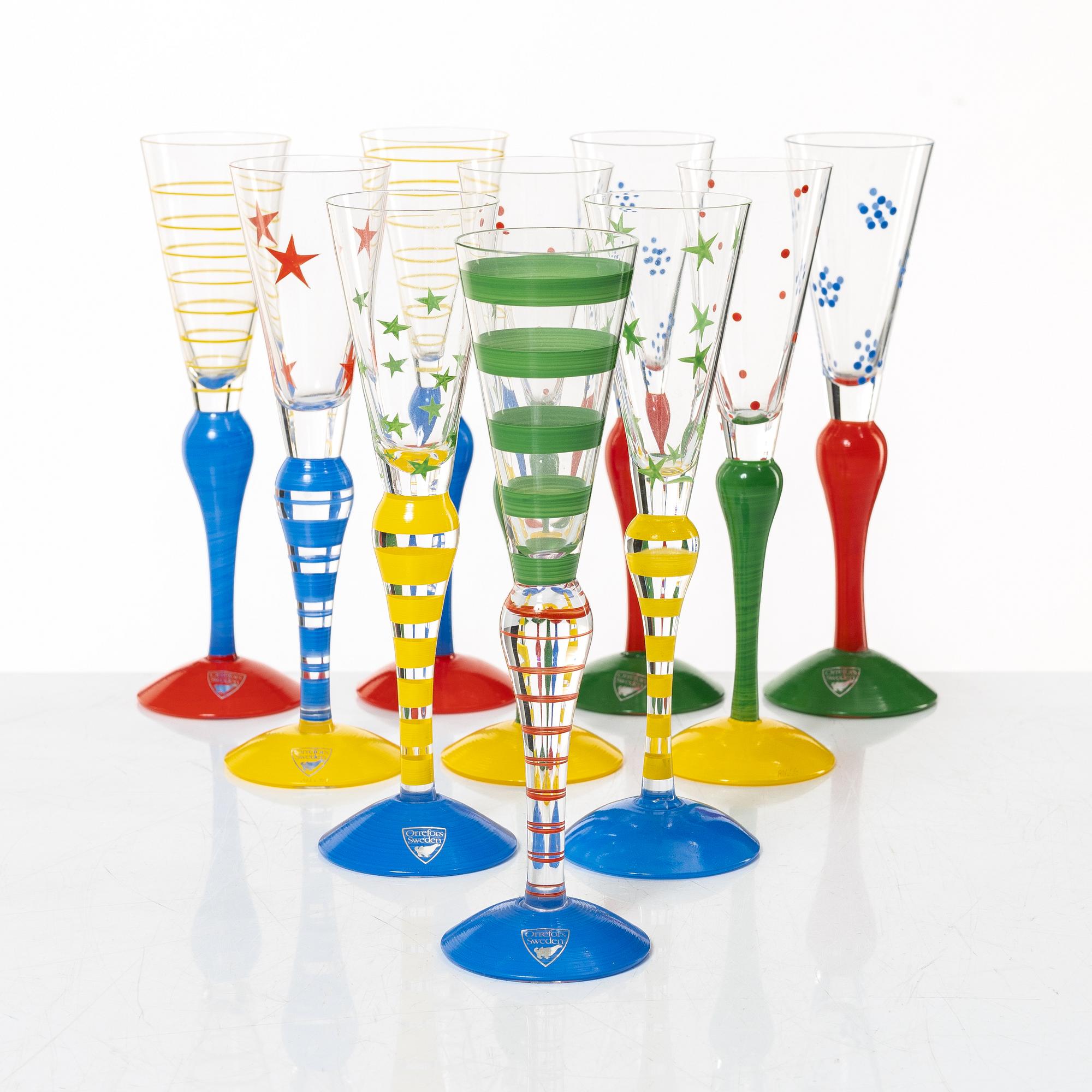 Anne Nilsson, snapsglas, 10 st, "Clown", Orrefors.