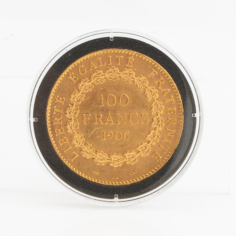 Gold coin France, III:rd Republic Genius 100 francs, 1906.