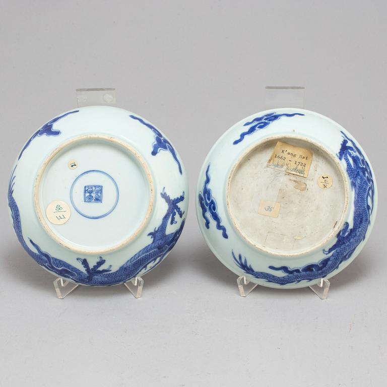 Two similar blue and white dishes, Qing dynasty, early 18th century.