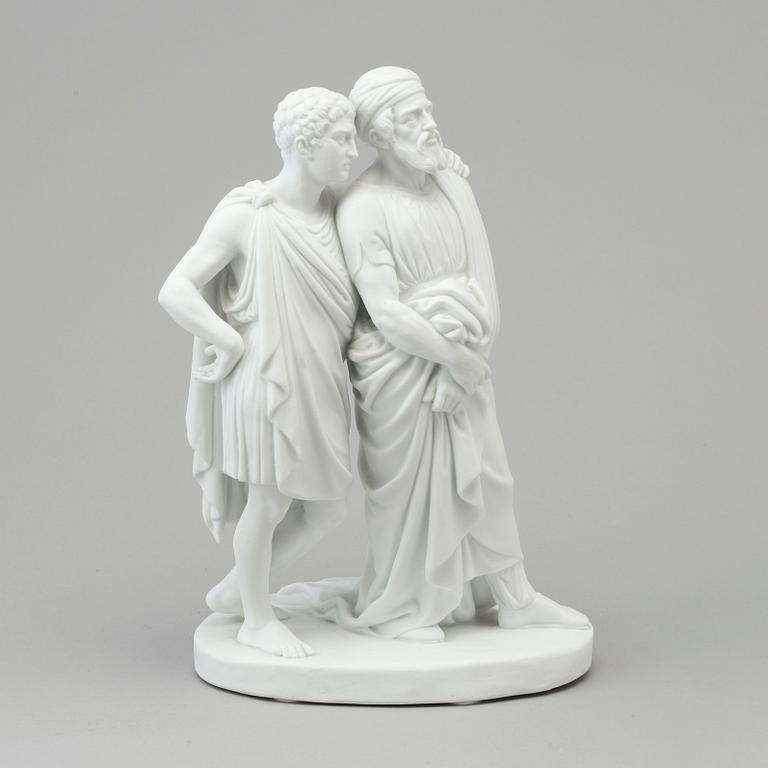 A bisquit scultpure of 'a son with his father' after Bertel Thorvaldsen, Bing & Gröndahl, Denmark, 19th Century.