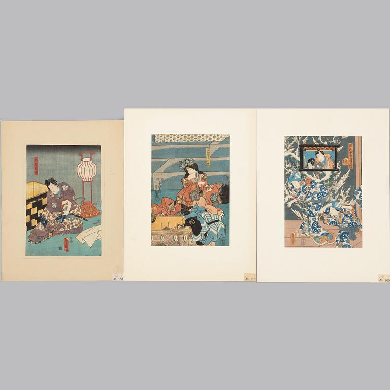 Utagawa Kunisada, 'The Chaste Wife', 'December' and 'Seated actor with sword'.