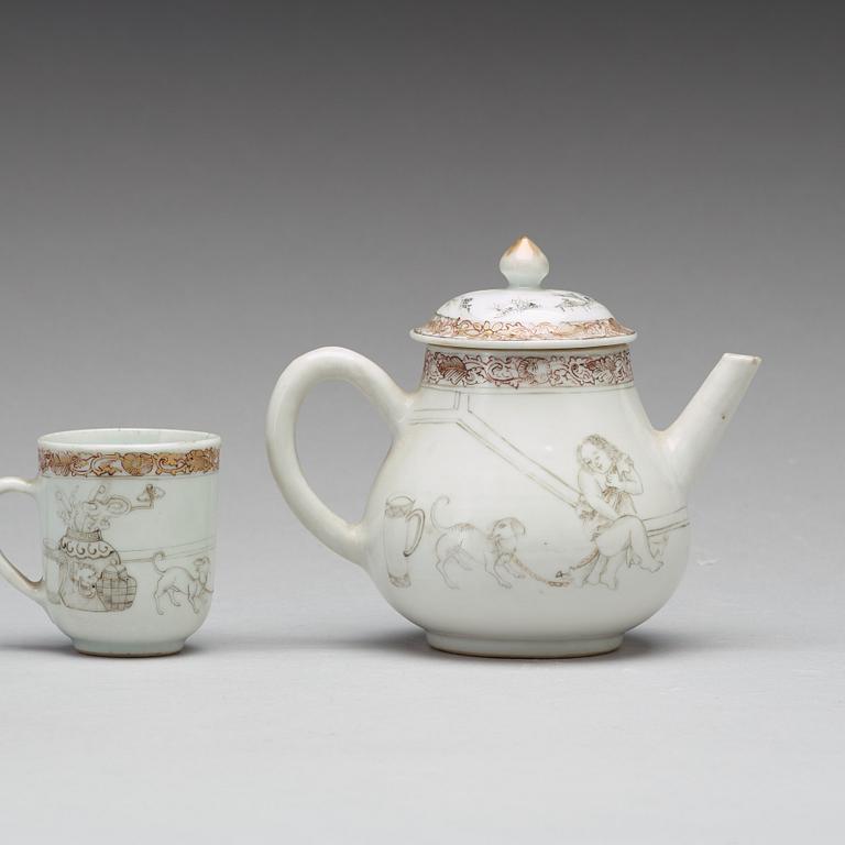 A grisaille and gold tea pot with cover and cup, Qing dynasty, Yongzheng (1723-35).